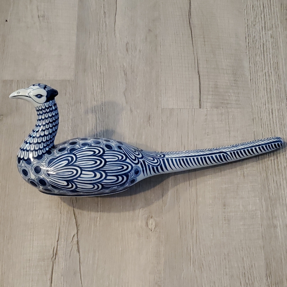 Blue and White Ceramic Peacock Figurine